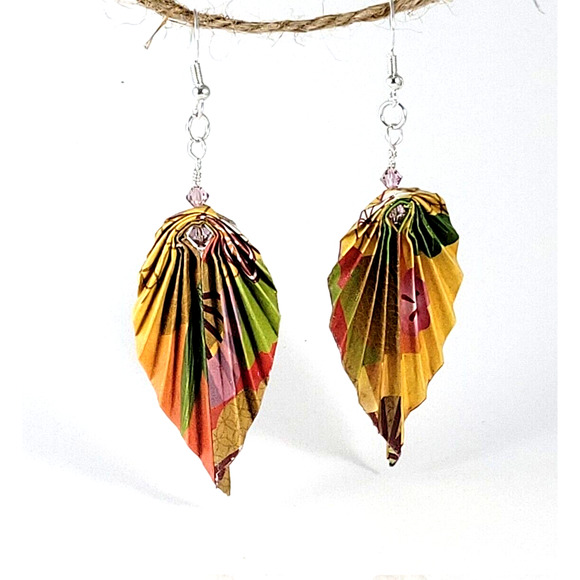 Hand Folded Origami Leaf Earrings Yellow Multi-color with Bead Accents - Picture 2 of 6